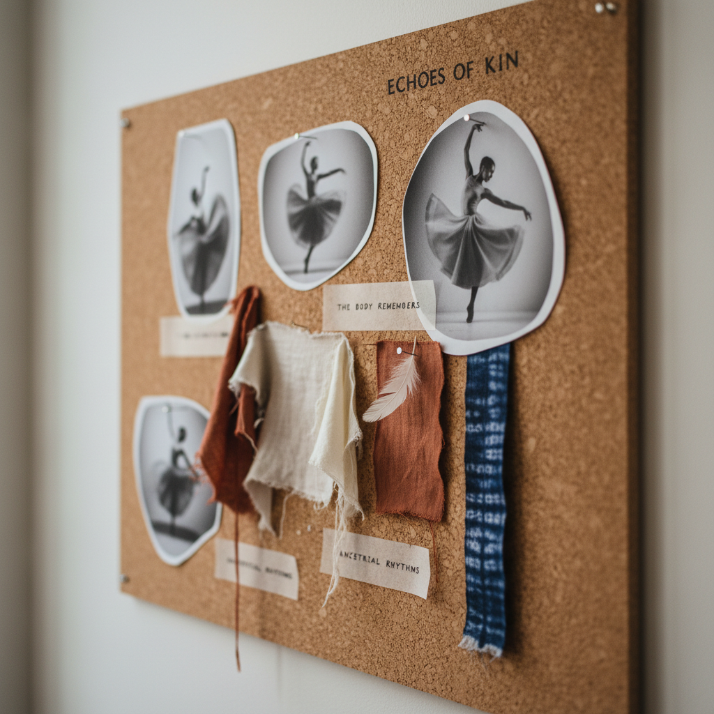 A close, cinematic photographic shot of a textured cork mood board mounted on a clean, off-white wall, entirely dedicated to a single dance project. Pinned carefully are overlapping elements: cropped black-and-white performance stills, swatches of natural fabrics in ivory and deep terracotta, a narrow strip of hand-dyed indigo cloth, and short typed excerpts about the body and memory on thin, translucent paper. Slender metal pins cast delicate, diagonal shadows under soft, north-facing window light. The composition uses asymmetrical balance with sharp foreground detail and a pleasantly blurred edge, creating an atmosphere of quiet research and artistic inquiry, perfectly suited to a sophisticated platform reflecting on embodied practice.