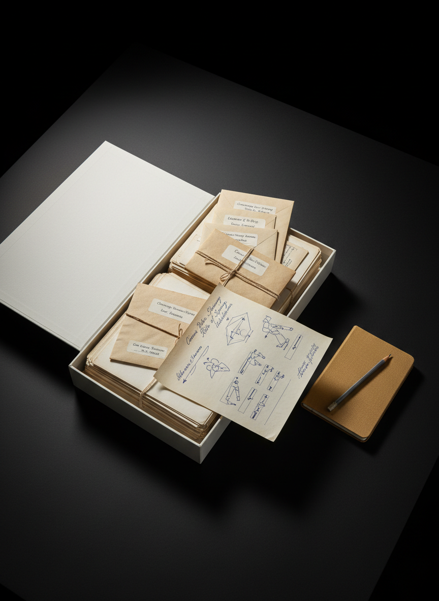 An overhead photographic image of an open archival box on a smooth, matte black table, filled with neatly stacked, slightly yellowed dance notation sheets and carefully labeled envelopes. A single page with hand-drawn movement diagrams and annotations in deep blue ink is pulled halfway out, its edges delicately curled. Beside the box rests a slim, linen-bound notebook in muted ochre and a graphite pencil, sharpened to a fine point. Soft, indirect studio lighting from the left creates gentle gradients and subtle paper textures, with restrained shadows adding depth. The composition is clean and balanced, conveying a sophisticated, reflective atmosphere that honors dance as an intellectual and cultural archive.