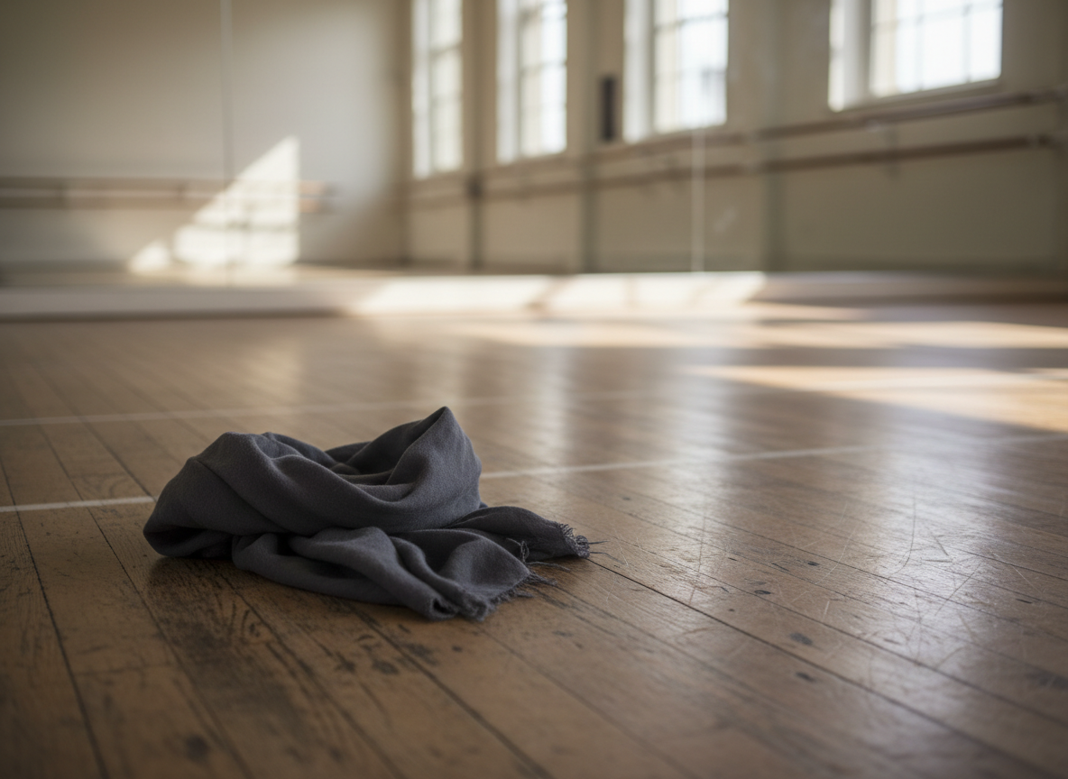 A close-up photographic realism shot of a worn wooden dance studio floor, its honey-toned boards bearing faint white tape markings and scuffs from years of choreography. A single folded, deep-charcoal cotton shawl lies at center, its soft fibers and subtle frayed edges evoking use and memory. Around it, blurred in the shallow depth of field, a wall-length mirror reflects soft, diffused afternoon light entering from high windows. Gentle shadows stretch diagonally, creating a calm, contemplative atmosphere. Captured at eye level with the shawl, using a rule-of-thirds composition, the image feels sophisticated and minimal, suggesting an archive of embodied practice without showing any bodies.