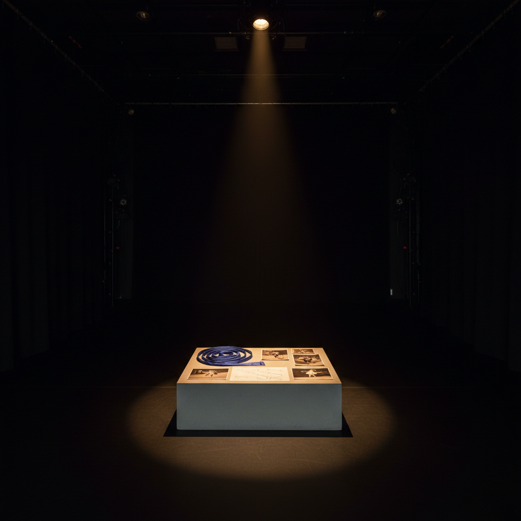 A wide, eye-level photographic image of an empty black-box performance space, its matte dark walls receding into soft shadow. At center stage sits a single, low, rectangular plinth of smooth concrete, topped with a meticulously arranged cluster of objects: a coiled deep-indigo ribbon, a small stack of sepia-toned performance photographs, and a thin, translucent sheet of tracing paper with faint choreography sketches. Overhead, a focused, warm spotlight washes the plinth in light, creating crisp yet refined shadows and a sense of ceremony. The surrounding space fades into a velvety darkness with subtle hints of rigging and curtains, evoking a contemplative, museum-like atmosphere that frames dance as an artifact and living archive.